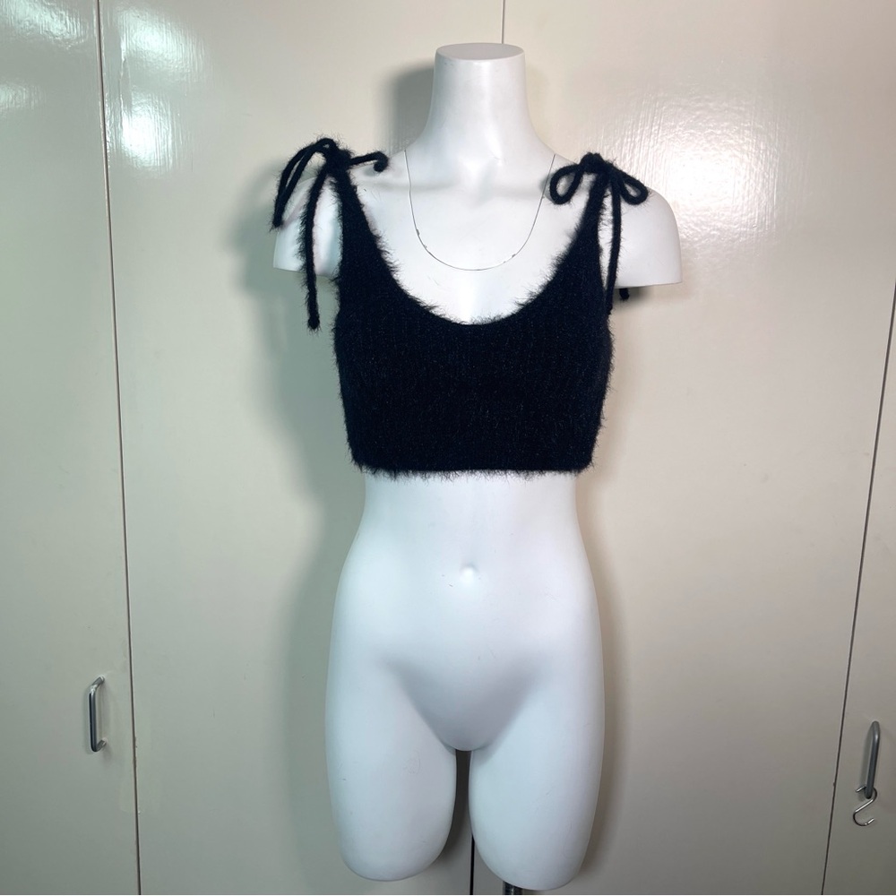 Zara Black label bow strips crop fluffy top S - Picture 6 of 7